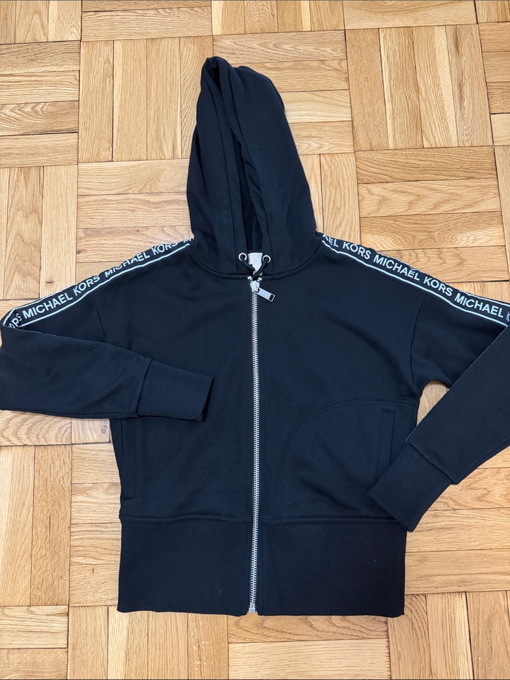Michael Kors Black Zip-Up Hoodie with Logo Shoulder Tape